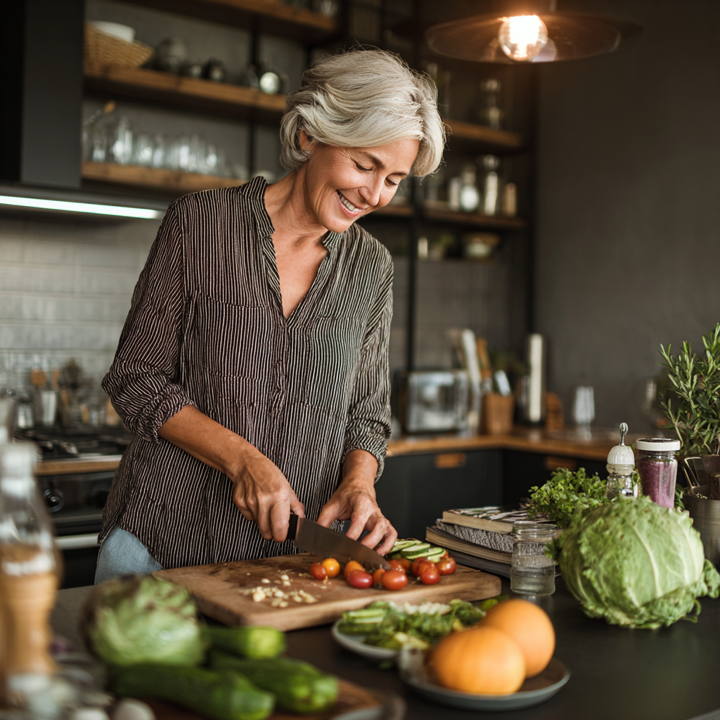 Mature woman preparing healthy balanced meal in modern kitchen