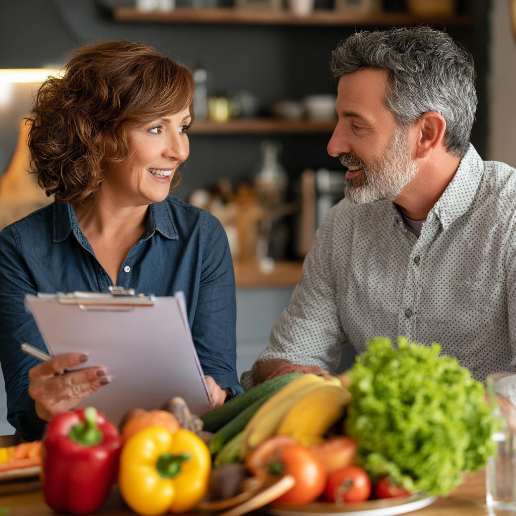 Middle-aged nutritionist explaining healthy meal plan to satisfied client