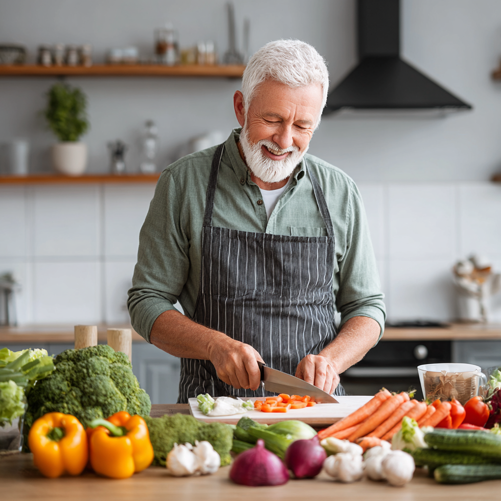 Senior fitness enthusiast preparing nutritious meal according to personalized plan
